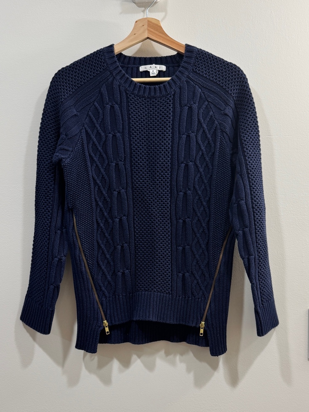 GAP Navy Cable Knit Crewneck Sweater with Gold Zippers